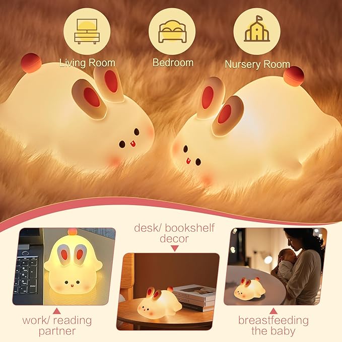 Squishy Bunny Night Light, Cute Easter Rabbit, Bunny Lamp, Led Big Face Rabbit Decor, Novelty Gifts, Dimmable Rechargeable Light up Bunnies, Nursery Room College Dorm Touch Nightlight