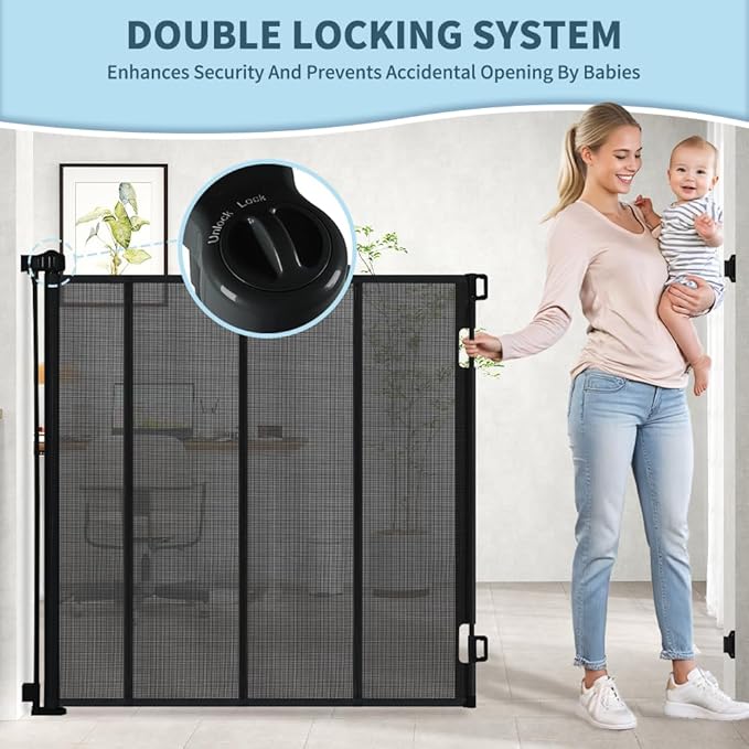 47” Extra Tall Retractable Baby Gate, Reinforced Mesh Dog Gate Extends to 71" Wide, Baby Gate for Stairs, Doorways, Hallways, Indoor and Outdoor, Black