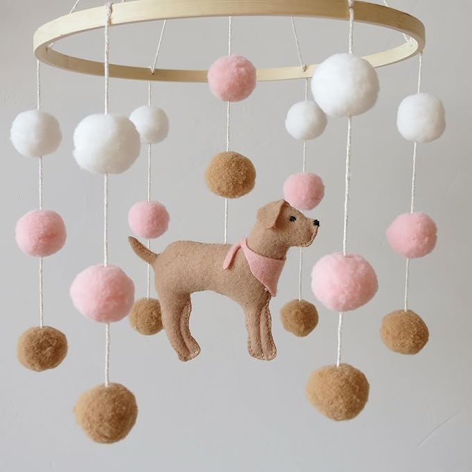 Baby Crib Mobile for Girls Boys Dog Theme Baby Mobile for Crib Mobile for Bassinet with Felt Ball, Pink