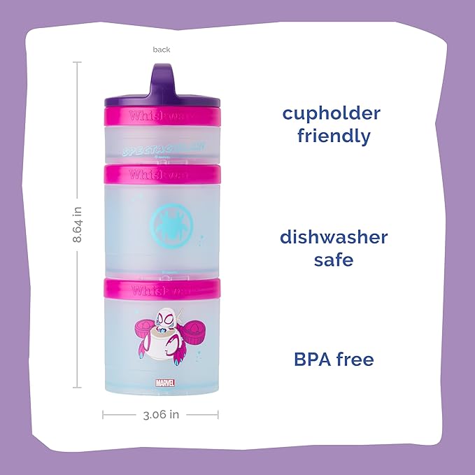 Whiskware Spider-Man Team Spidey Stackable Snack Containers for Babies, Kids, and Toddlers, 3 Stackable Snack Cups for School or Travel, Cupholder Friendly, Gwen Stacy