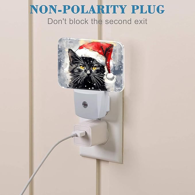 Cute Black Cat with Santa Hat Night Light for Kids, Christmas Cat LED Night Light Plug into Wall with Dusk to Dawn Sensor for Girls Boys Women Bedroom,Hallway,Kitchen,Bathroom,Stairs Decor