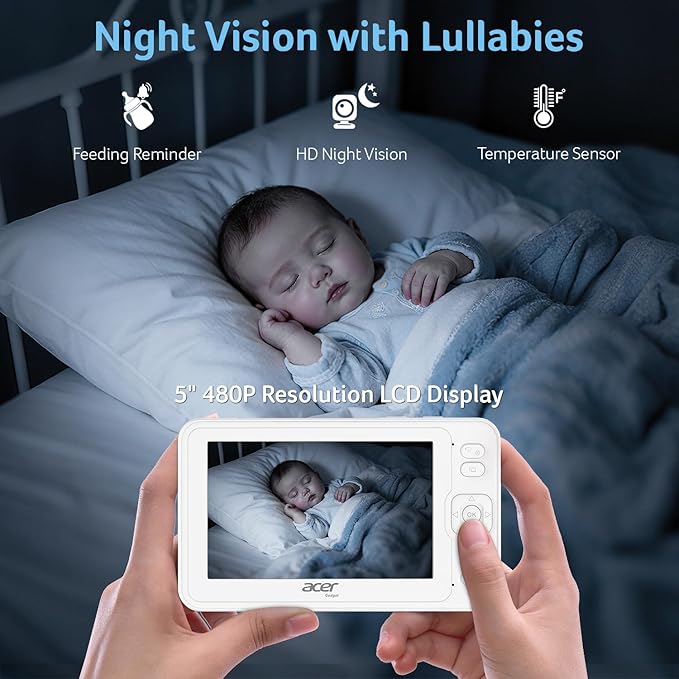 acer Video Baby Monitor 5” LCD Screen Monitor No WiFi with 1080P Camera and Audio for Crib 1000ft Range Remote Pan Tilt Night Vision, Temperature Sensor, 8 Lullabies, 2-Way Talk, Video Recording, VOX