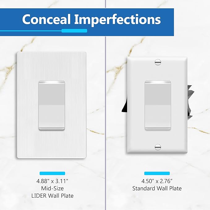 LIDER Brushed Finish Decorator Switch Cover, Screwless Wall Plate, Mid-Size 1-Gang 4.88" x 3.11", Unbreakable Polycarbonate Thermoplastic, UL Listed, LSWP-31M-BW10P, Brushed White, 10 pack