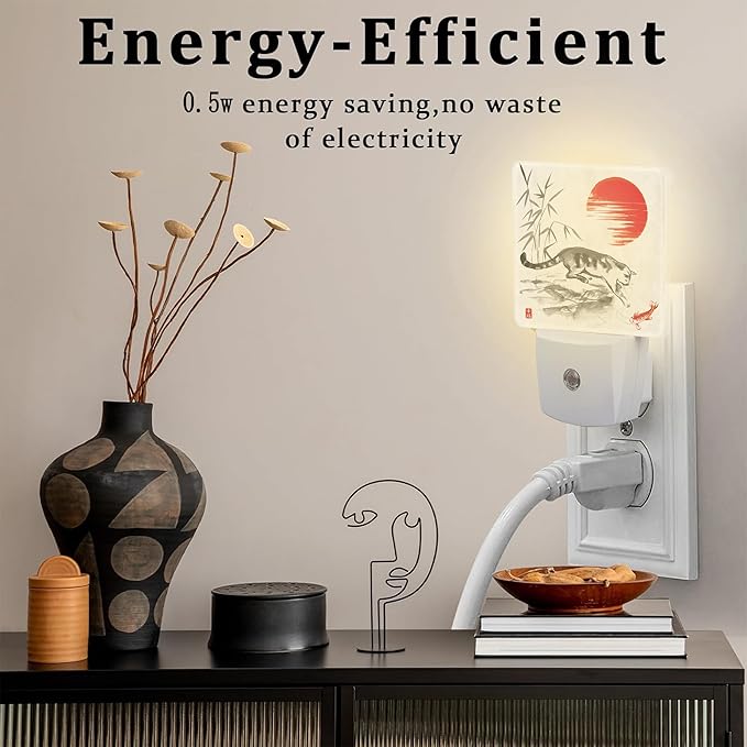 Watercolor Cat and Koi Fish Night Light, Red Sun Bamboo Ink Painting Dusk to Dawn Night Light Plug in,0.5w Energy Saving Sleep Friendly NightLight for Kids Boys Girls Home Decor