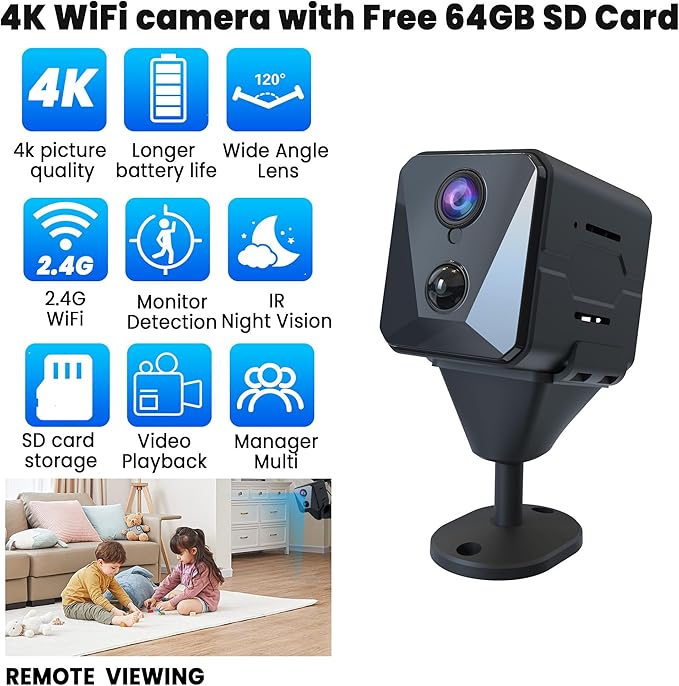4K WiFi Indoor Camera with 64GB SD Card, Battery Powered Security Cam, 100-Day Standby, AI Human Detection, Night Vision, Real-Time Alert, Baby Monitor, Pet Cam for Home or Office