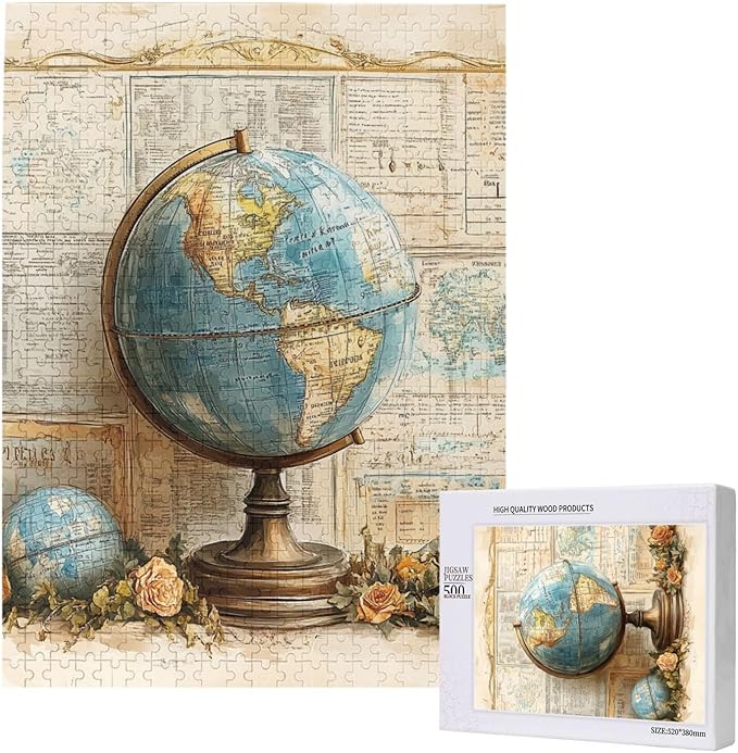 Elegant Globe Puzzle，World Map Inside, Vintage Backdrop, and Rose Detailing，500 Piece Adults Wooden Jigsaw Puzzle，Puzzles Suitable for Entertaining with Family During Holidays