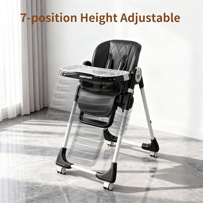 4 in 1 Baby High Chair, High Chairs for Babies and Toddlers, Foldable Highchair with 4 Wheels, 4 Levels of Recline and 7 Levels of Height Adjustment (Black)