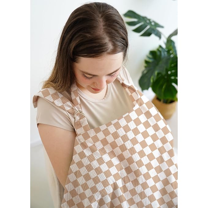 Muslin Nursing Covers for Breastfeeding, Privacy Breast Feeding Cover with Arch Neckline for Mom and Baby, Breathable 100% Cotton Nursing Apron Multi-use Stroller Cover