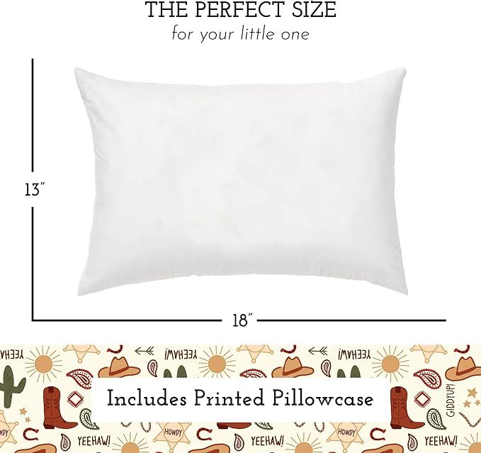 Little Sleepy Head Toddler Pillow with Pillowcase 13x18 - Kids Pillow for Sleeping - Better Neck Support Ergonomic Pillow and Toddler Pillowcase - Best Pillows for Kid (Giddyup)