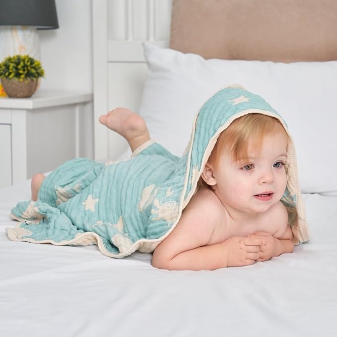 Ultra-Soft Muslin Baby Hooded Towel - 32 x 32 Inches, Ideal for Bath & Beach, Suitable for Both Boys & Girls from Newborns to Toddlers