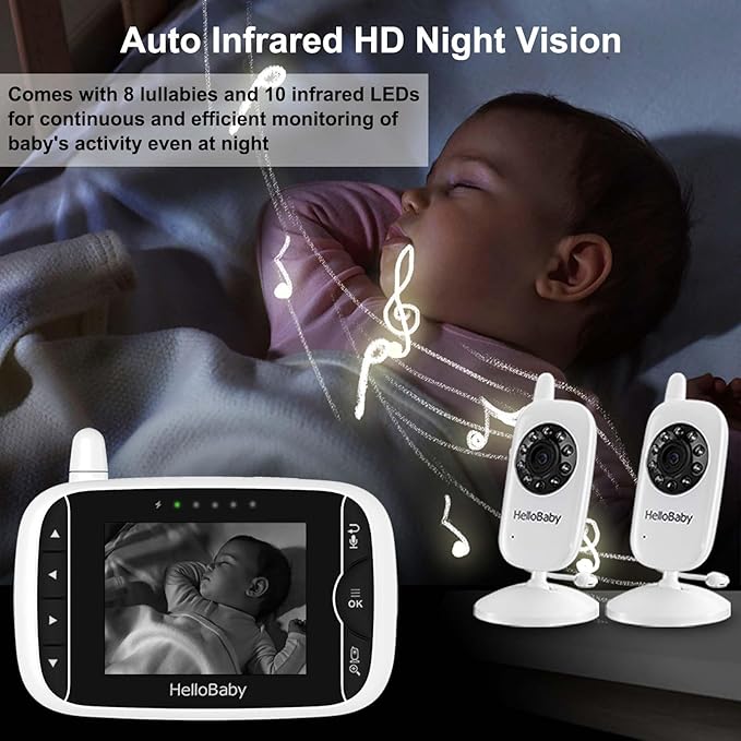 HelloBaby Baby Monitor with 2 Cameras, Baby Monitor No WiFi, Night Vision, 2-Way Audio, Remote Pan & Tilt, 2X Zoom, ECO Mode, 8 Lullabies, Sound Activated Screen