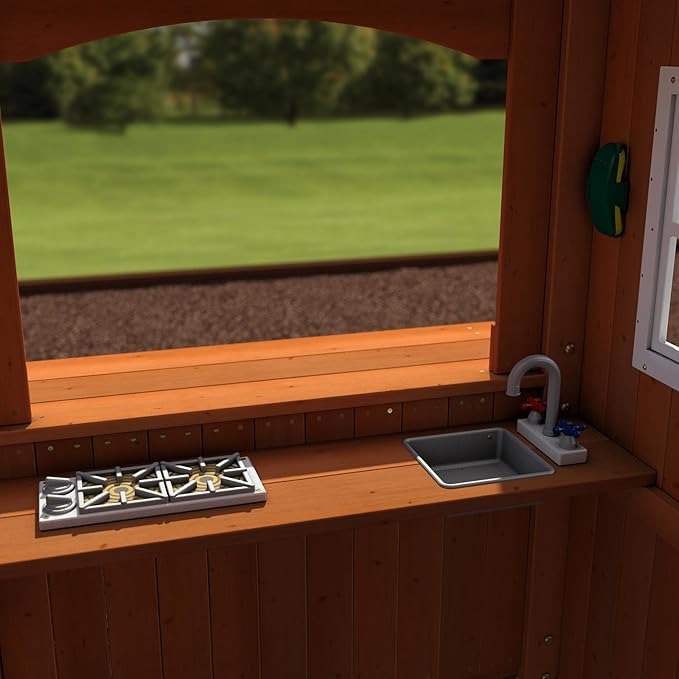 Backyard Discovery Shenandoah Cedar Wood Swing Set with Wave Slide, Raised Clubhouse, Playhouse, Play Kitchen, Belt Swings, Trapeze, Rock Wall, Ladder, Picnic Table, Full Door, Outdoor Playset