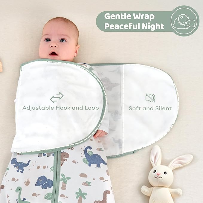 Baby Swaddle Sleep Sack 3-6 Months, Swaddles for Newborns Boy Girl, 3-Way Adjustable Infant Swaddle Wearable Blanket with Zipper & Detachable Wrap, 2 Pack Soft Snug Green Dinosaur