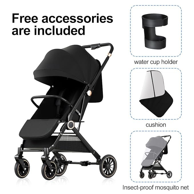 Baby Stroller, 3 in 1 Folding High Landscape Infant Strollers Convertible Strollers with Large UPF 50+ Canopy and Cup Holder (Black)