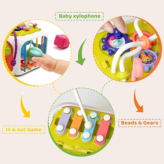 7 in1 Sensory Development Multifunctional Sensory Teething Toys for 2 Year Old Boy Girl,Shape Sorter Pull String Travel Car Toys for 18 Month