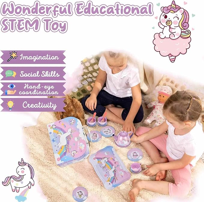 19Pcs Unicorn Tea Party Set – Birthday Gift for Girls Ages 3-6, Princess Pretend Play Kitchen Toy with Tin Tea Set