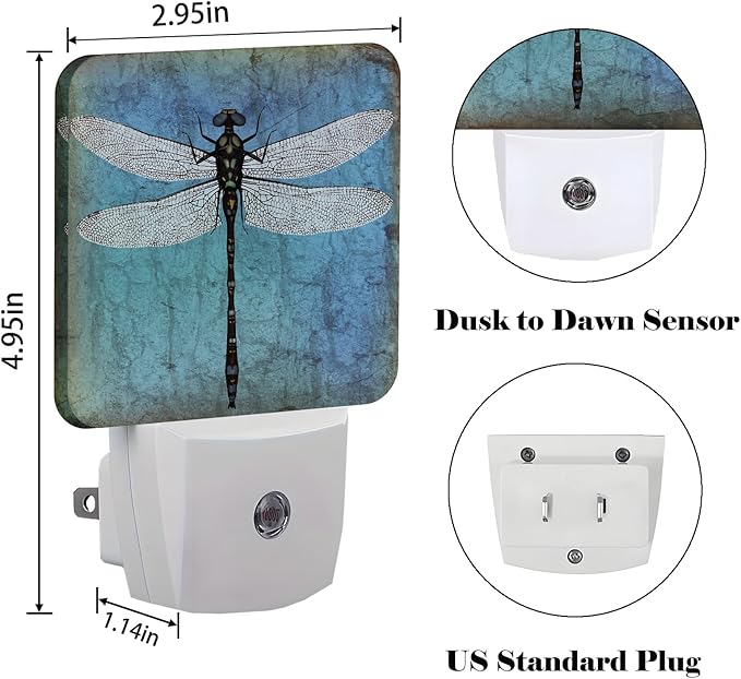 Blue Vintage Dragonfly Night Light,Plug Into Wall Decor for Stairway,Hallway,Kitchen,Dusk to Dawn Sensor Nightlights for Boys/Girls/Women/Men Room Gifts