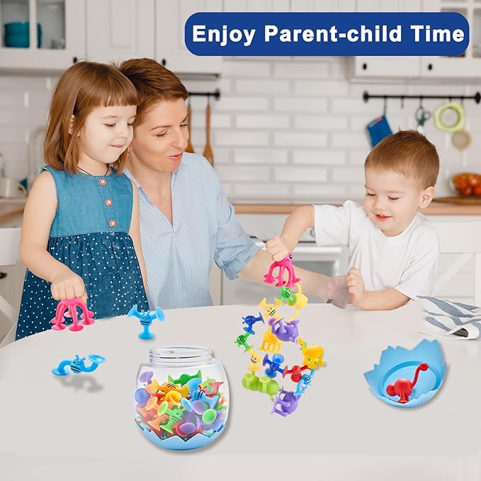 Suction Cup Bath Toys for Kid 40 PCS Silicone Animal Bathtub Toys for Kids Ages 4-8 Sensory Window Building Travel Toy Toddlers Age 3-5 with Eggshell Storage Summer Gift for 3 4 5 6 Year Olds Boy Girl