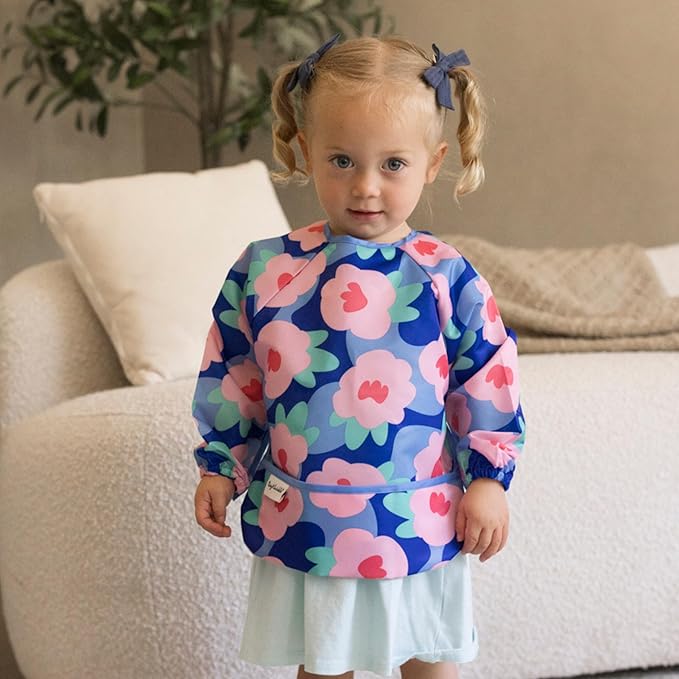 Tiny Twinkle Long Sleeve Bib for Babies & Toddlers – Waterproof Smock Bib for Eating – Machine Washable & Mess-Proof, Baby Feeding Essential & Shower Must-Have(Floral Blue, 6–24M)