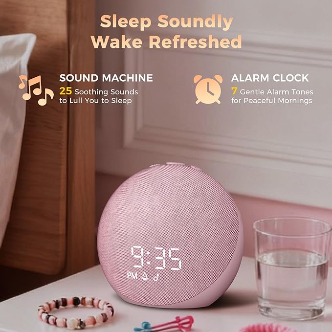 Sound Machine Alarm Clock for Bedroom: 25 Natural Sleep Sounds - White Noise Machine for Adults Kids Baby - Gentle Wake Up Alarm with Bluetooth Speaker - Pink