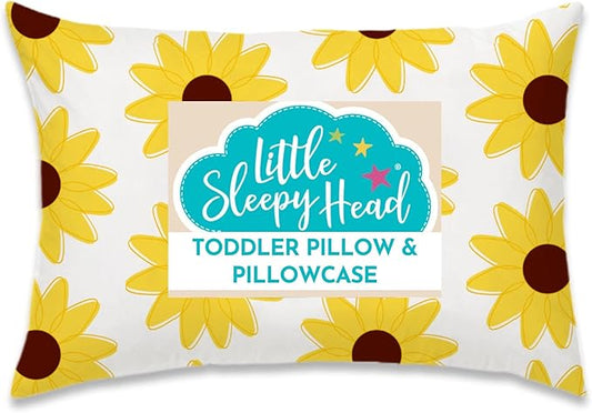 Little Sleepy Head Toddler Pillow with Pillowcase 13x18 - Kids Pillow for Sleeping - Toddler Pillow - Better Neck Support Ergonomic Pillow and Toddler Pillowcase - Best Pillows for Kids (Sunflowers)