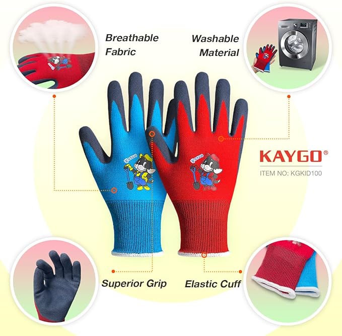KAYGO Kids Gardening Gloves 4 Pairs - Polyester Seemless knitted with Latex Sandy Finish Coating, KGKID100, Ideal for kids gardening, DIY,Light duty works, and outdoor activities (XXXXS (Age 3-5))