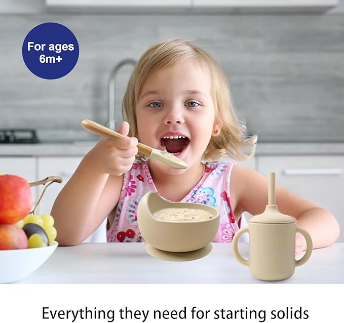 LITTLE RAWR Silicone Baby Feeding Set 14 Pcs,Baby Led Weaning Supplies, Baby Spoons Suction Bowl Divided Plate Bib Cup Finger Brush,First Stage Solid Food Eating Utensils - 6+ Months(Beige)