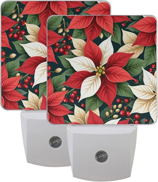 Aslsiy Night Light for Kids Red White Poinsettias Holly Leaves (5) Plug in Wall Lamp LED Dusk to Dawn Sensor Energy Saving Nightlight for Boys Girls Men Women