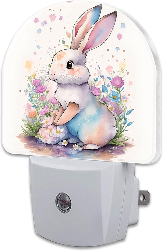 Easter Bunny and Flowers Night Light, Watercolor Cute Rabbit and Floral Dusk to Dawn Night Light Plug in,0.5w Energy Saving Sleep Friendly NightLight for Kids Boys Girls Home Decor