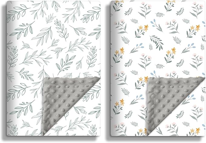 Soft Sage Green Baby Blankets for Unisex Girls or Boys Breathable Gender Neutral Nursery Double Layer Blankets with Dotted Backing and Leaf Printed for Newborn Toddlers 2 Pack (Leaf)