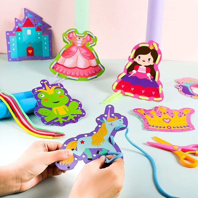 Zonon 8 Pieces Kids Lacing Cards Sewing Cards in 8 Patterns Lacing Games for Developing Imagination Education Supplies Children Sewing Game Favors (Princess, Castle Style)