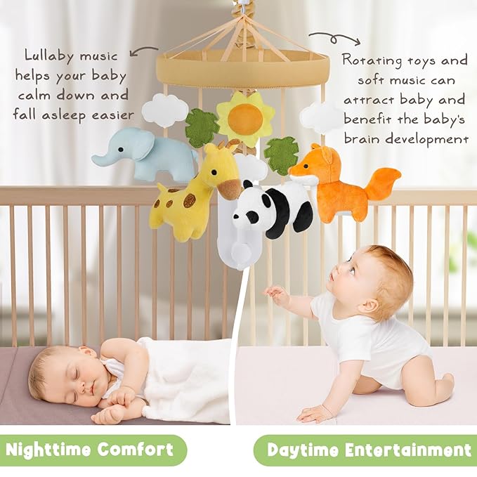 Animals Baby Crib Mobile - Safari Baby Mobile for Crib with 12 Lullabies for Boys & Girls, Nursery Mobiles, Fits Standard Cribs, Forest Nursery Decor