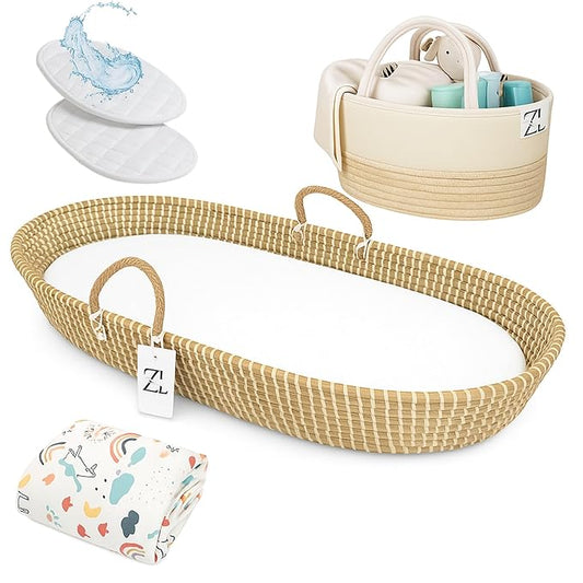 ZEAL'N LIFE Seagrass Baby Changing Basket Set – Portable Diaper Changing Station for Dresser & Table | Waterproof Changing Pad, Baby Towel & Diaper Caddy | Nursery Changing Table & Baby Gift Idea