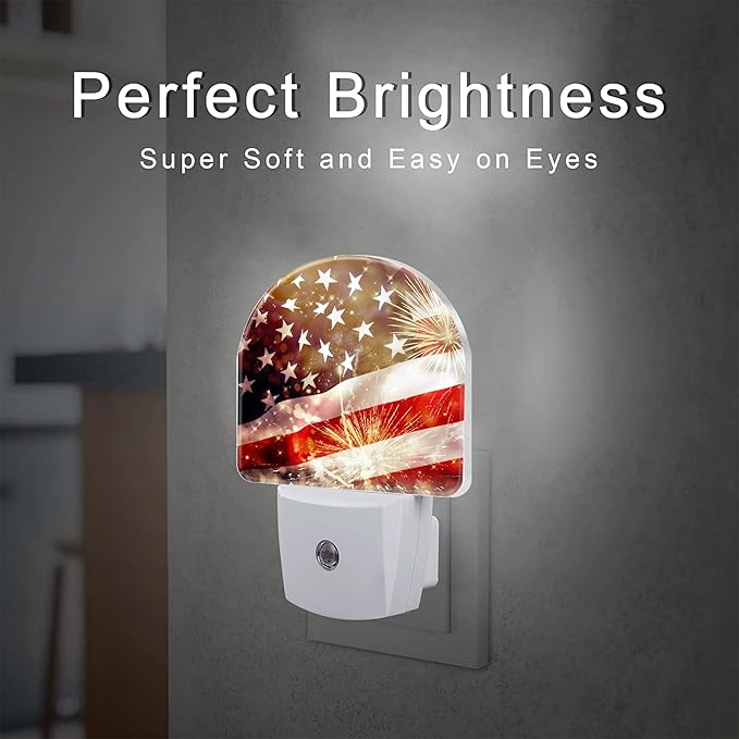 America Flag with Fireworks Night Light Plug into Wall,Vintage The USA Flag Patriotic Dusk to Dawn Night Light,0.5w Energy Saving Sleep Friendly Nightlights for Kids Boys Girls Home