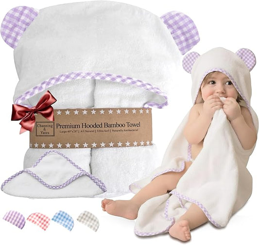 Channing & Yates Premium Boutique Baby Towels for Girls - Hooded Girl Towel & Washcloth Set - Organic Viscose Made from Bamboo Baby Towels with Hood - Baby Girl Bath Towels (Purple)