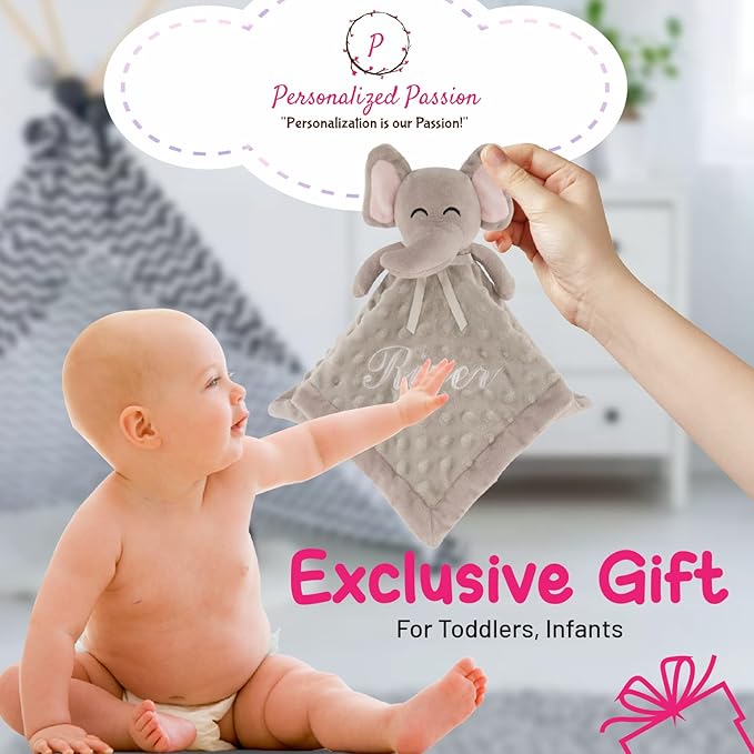 Personalized Baby Blanket Lovey with Custom Embroidered Name - Super Soft & Comfy Security Blankets for Babies - Stuffed Elephant Security Snuggle Toy - Soothing Loveys for Boys and Girls