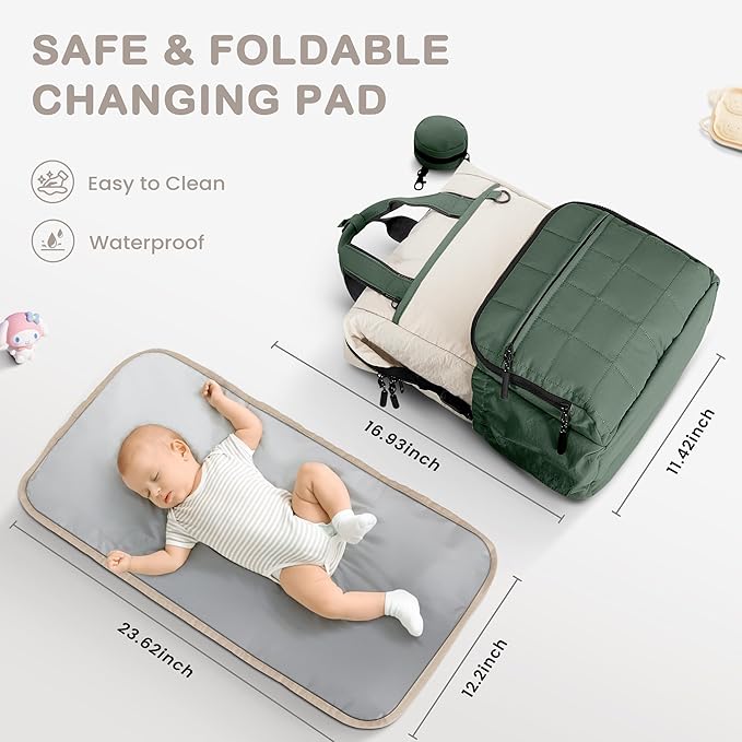VONAL Diaper Bag Backpack, Lightweight Baby Diaper Bags, Travel Large Diaper Bag with Changing Station, Green Diaper Backpack for Boys Girls Newborn with Insulated Pockets, Stroller Straps