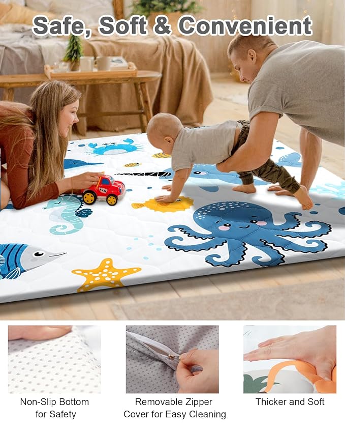 Premium Foam Baby Play Mat 71x59 – Removable & Machine Washable Cover, Extra Thick Padding Playpen Mat, Non-Slip Crawling Mat, Easy to Clean for Infants, Toddlers & Babies