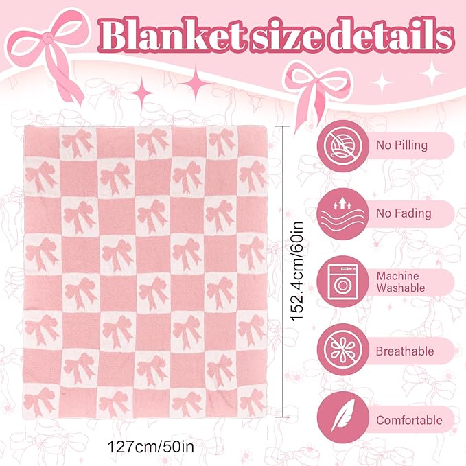 Pink Bow Blanket Cozy Knitted Bow Checkered Throw for Baby Girls, Reversible Pattern Bows Gift, Coquette Pink Bows Bedding Stuff Decor Blankets 50x60 Inches