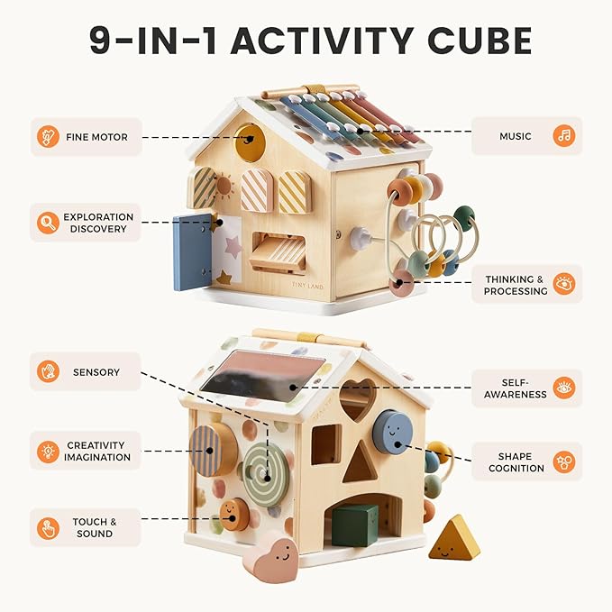 Tiny Land 9-in-1 Wooden Activity Cube, Montessori Baby Activity Center for 1+ Year Old, Educational Toy for Toddlers, Ideal Gift for Boys and Girls (Morandi)