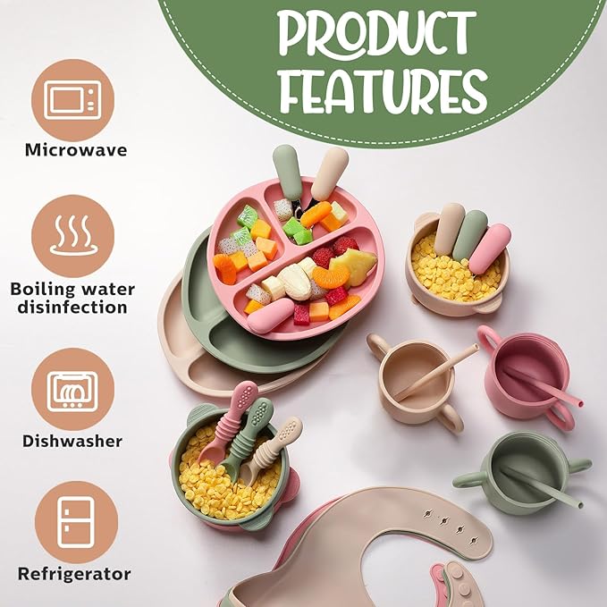 Yinder 24 Pack Silicone Baby Feeding Set Baby LED Weaning Supplies Includes Suction Divided Plates Soft Bowl Spoons Forks Adjustable Bib Snack Cup and Straws(Dark Green, Beige, Light Pink)