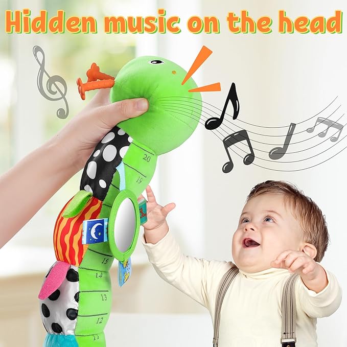 LIGHTDESIRE Baby Toys Musical Caterpillar,Infant Toys Stuffed Animals with Ruler Design,Mirror,Pull String&Ring Bell,Baby Teething Toys for Tummy Time Toy Newborn Gift 3 6 12 Months(Green,Leafy Limb)