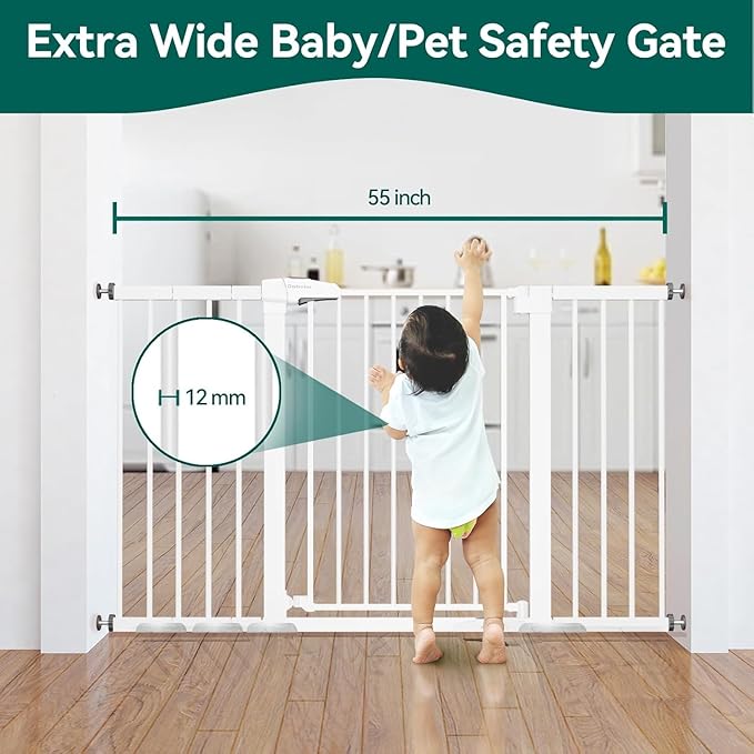 BABELIO 36" Tall Baby Gate, PressGuard P7, 29-55" Auto Close Pressure Mounted Dog Gate for Doorways & Hallway, Basics Easy Walk Thru Pet Gate, Extra Wide Metal Child Gate, White
