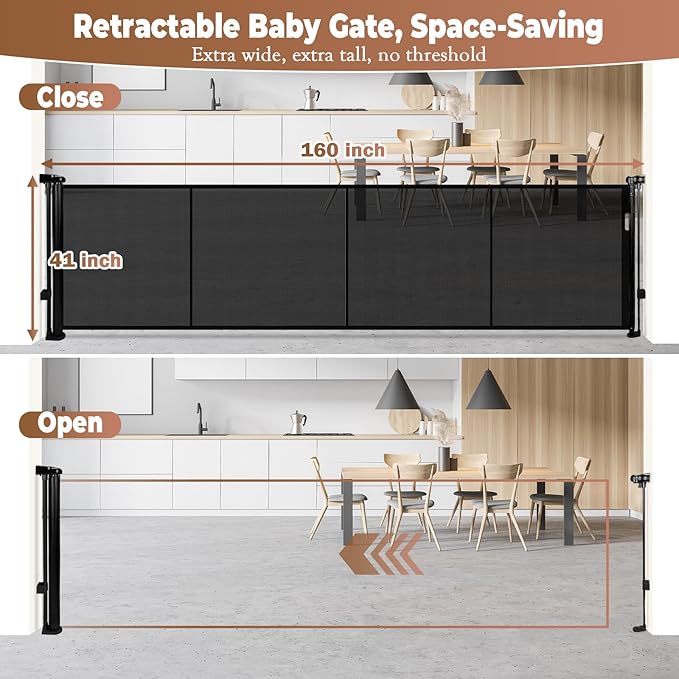 160" Retractable Baby Gate Extra Wide, 41" Tall Retractable Dog Gate for Stairs, Doorways, Decks, Mesh Gate Long Child Gate Pet Gate for Indoor, Outdoor, with Reinforced Mesh Rods, Dual Locks