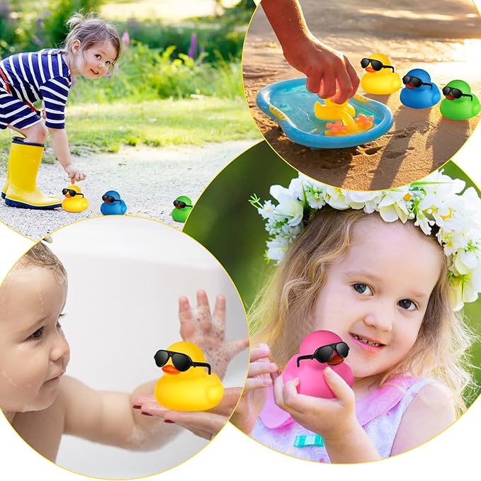 24 Pcs Mini Rubber Ducks with Sunglasses, Rubber Ducks in Bulk Valentine Bathtub Toys for Cruise Valentines Kids Classroom Gift Exchange(Eyeglasses,Mixed Colors)