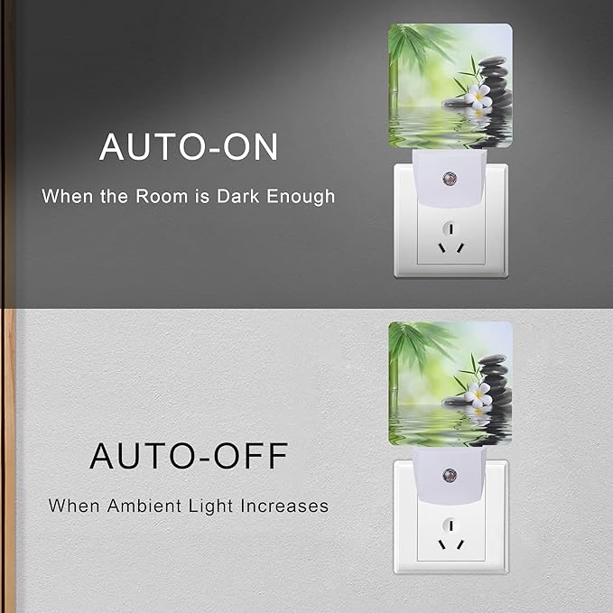 Zen Stones Bamboo Tree Jasmine Flower Spa Night Light Plug-in LED Nightlights Auto Sensor Night Lamp Dusk-to-Dawn Lamp Home Decor for Nursery Children Girls Boys