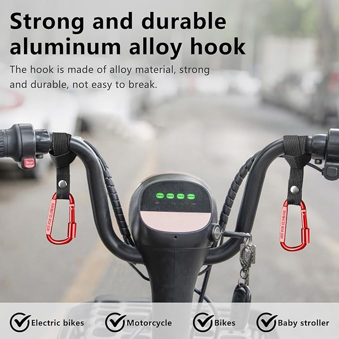Stroller Hooks for Bags with Locking Stroller Carabiner Clip – Heavy-Duty Hooks for Diaper Bags, Groceries, Backpacks on Strollers, Bikes & Shopping Carts (Red, 2 Pieces)