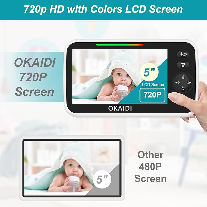 OKAIDI 720P HD Baby Monitor, 5 Inch Baby Monitor with Camera and Audio, 5000mAh Battery, Remote Pan-Tilt, 3X Zoom, 1000ft Baby Monitor NO WiFi, Night Vision, 2-Way Talk, Temperature, Lullabies