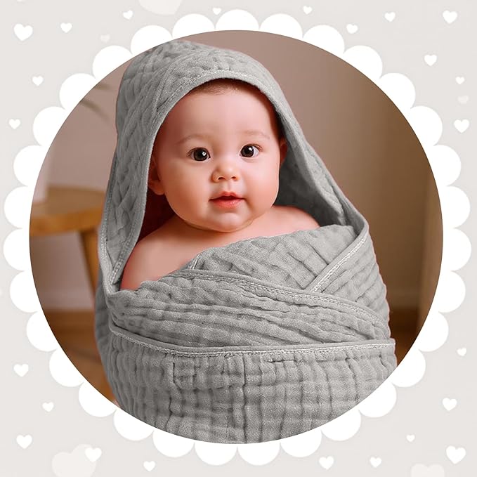 Peryiter 4 Pcs Muslin Hooded Baby Towels, 32"x 32" Cotton Newborn Bath Towel Muslin Infant Baby Blankets Absorbent Unisex Christmas Registry Gift Essentials for Girls Boys (Green,Gray,Beige)