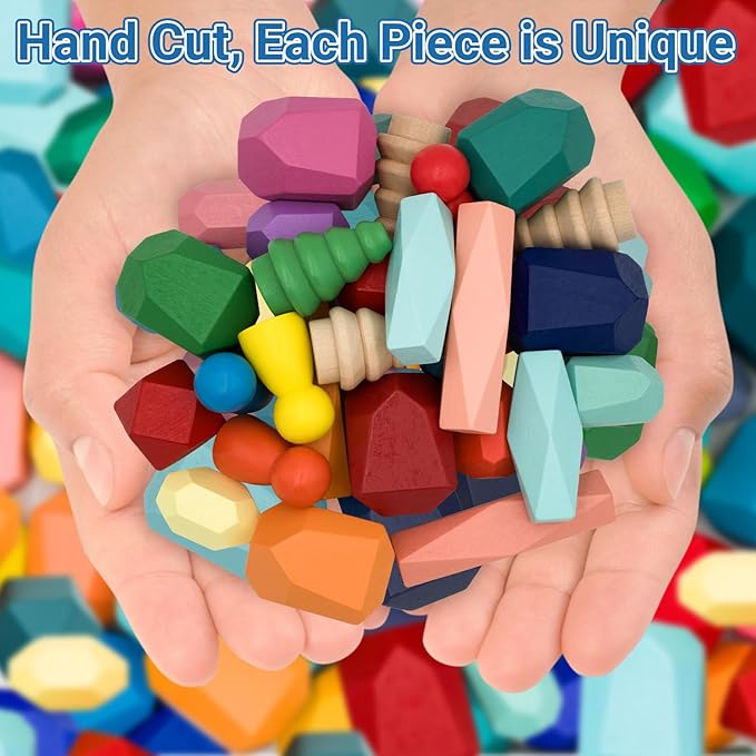 58PCS Montessori Wooden Stacking Rocks Toys Colorful Stacking Stones Building Blocks Games Sensory Toy for Toddlers Educational Learning Toys for 1 2 3 4 5 6 Years Old Kids